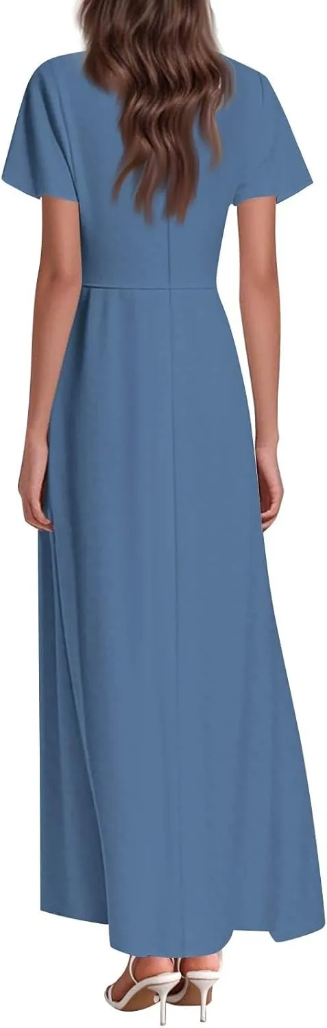 Dresses for Women Casual Solid Color V-Neck Short Sleeve Swing Long Maxi Dress Beach Sundress