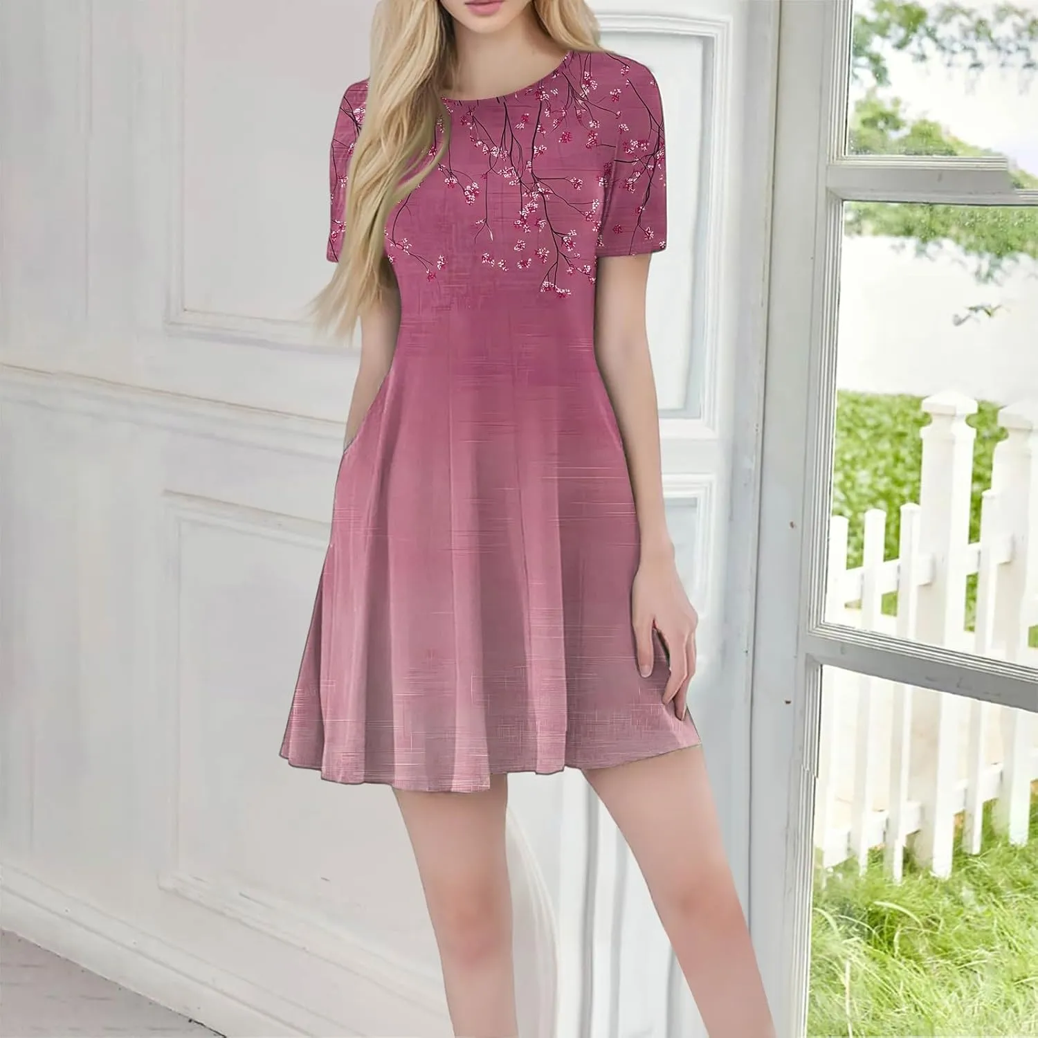 Empire Waist Dress for Women, Summer Mini Dresses Short Sleeve A Line Crew Neck Dress with Pockets Elegant Dresses