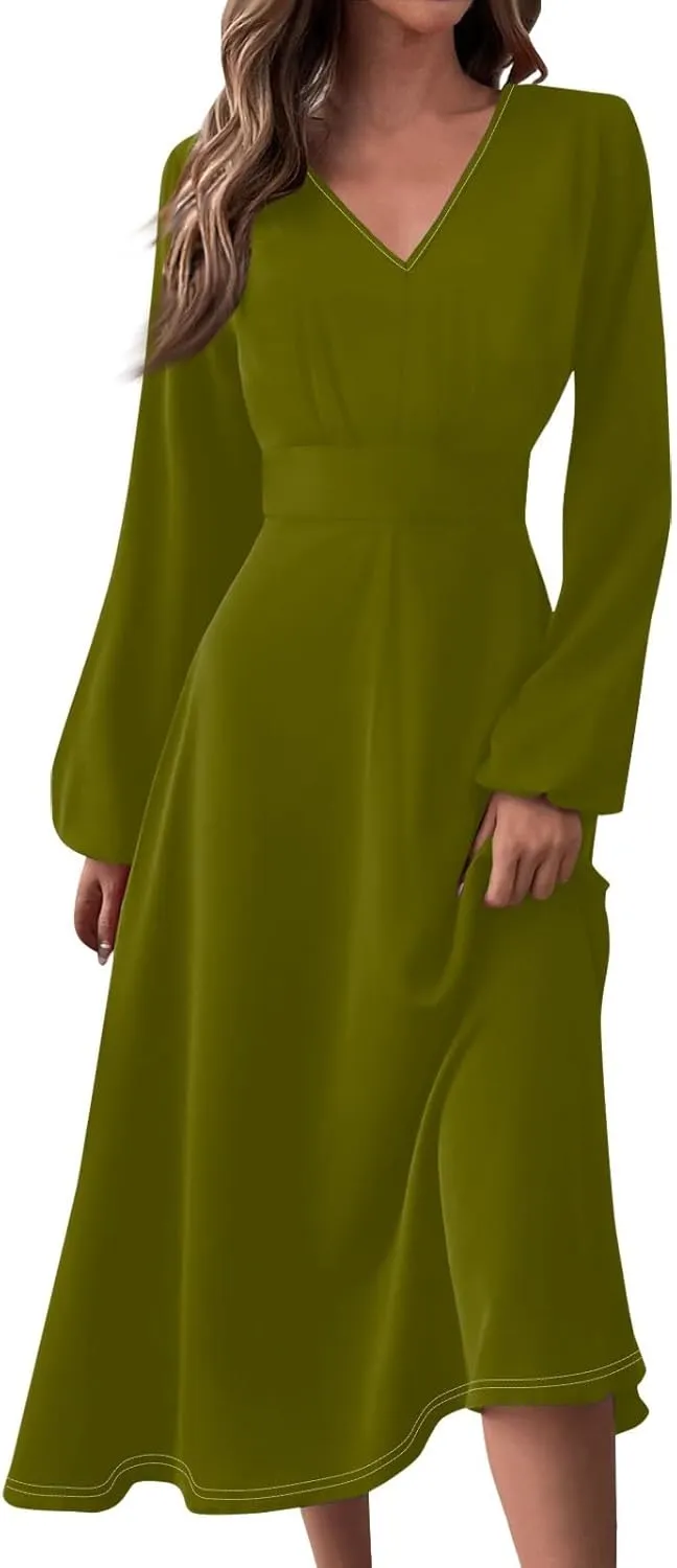 Fall Wedding Guest Dresses Long Sleeve Wrap V Neck Ruffle Belted A-Line Flowy Midi Dresses