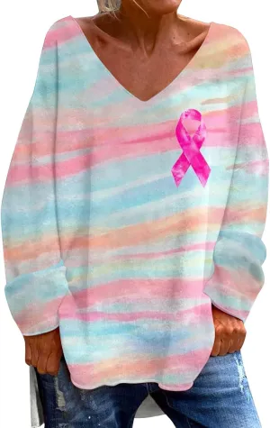 Fashion Printed Sweatshirt for Women Oversize Breast Cancer Awareness V Neck T-Shirt Casual Long Sleeve Loose Shirts