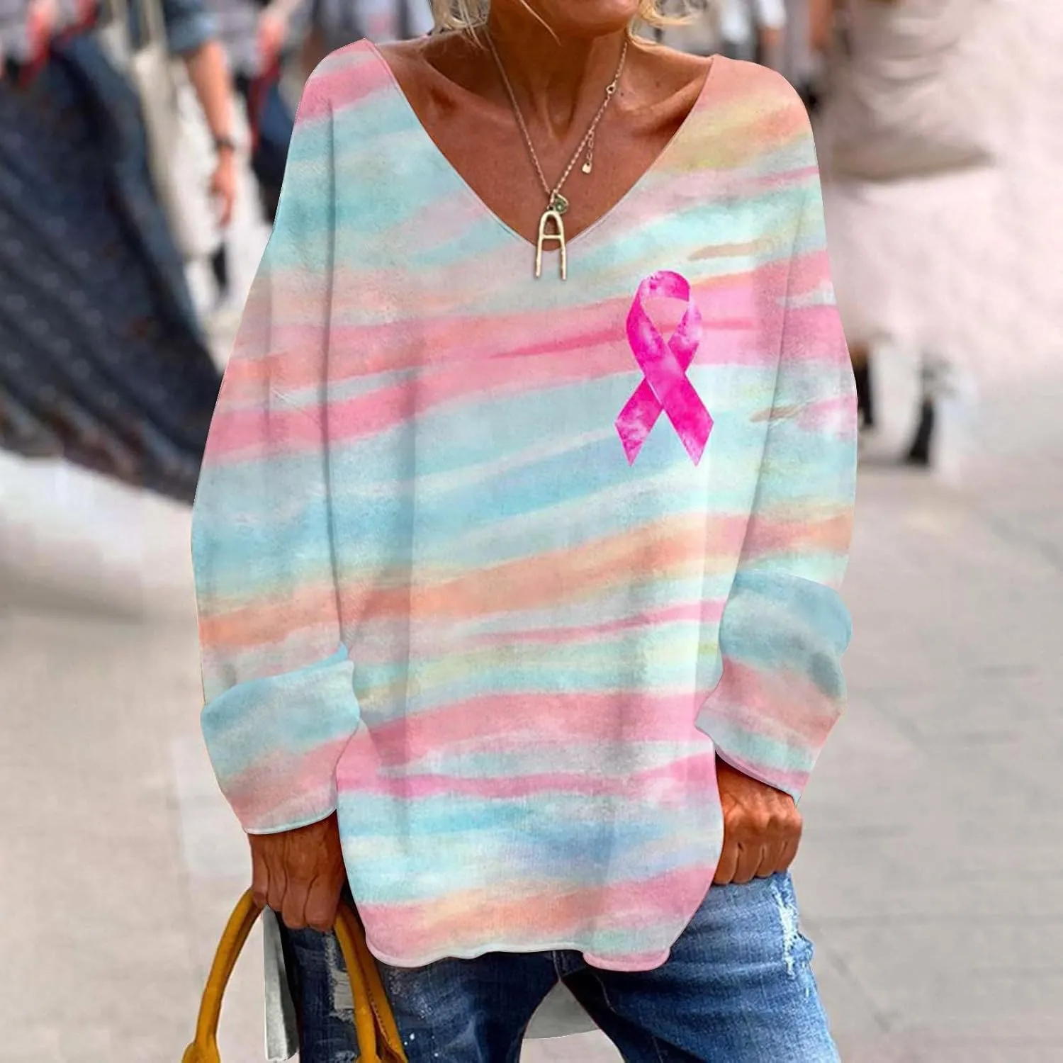 Fashion Printed Sweatshirt for Women Oversize Breast Cancer Awareness V Neck T-Shirt Casual Long Sleeve Loose Shirts