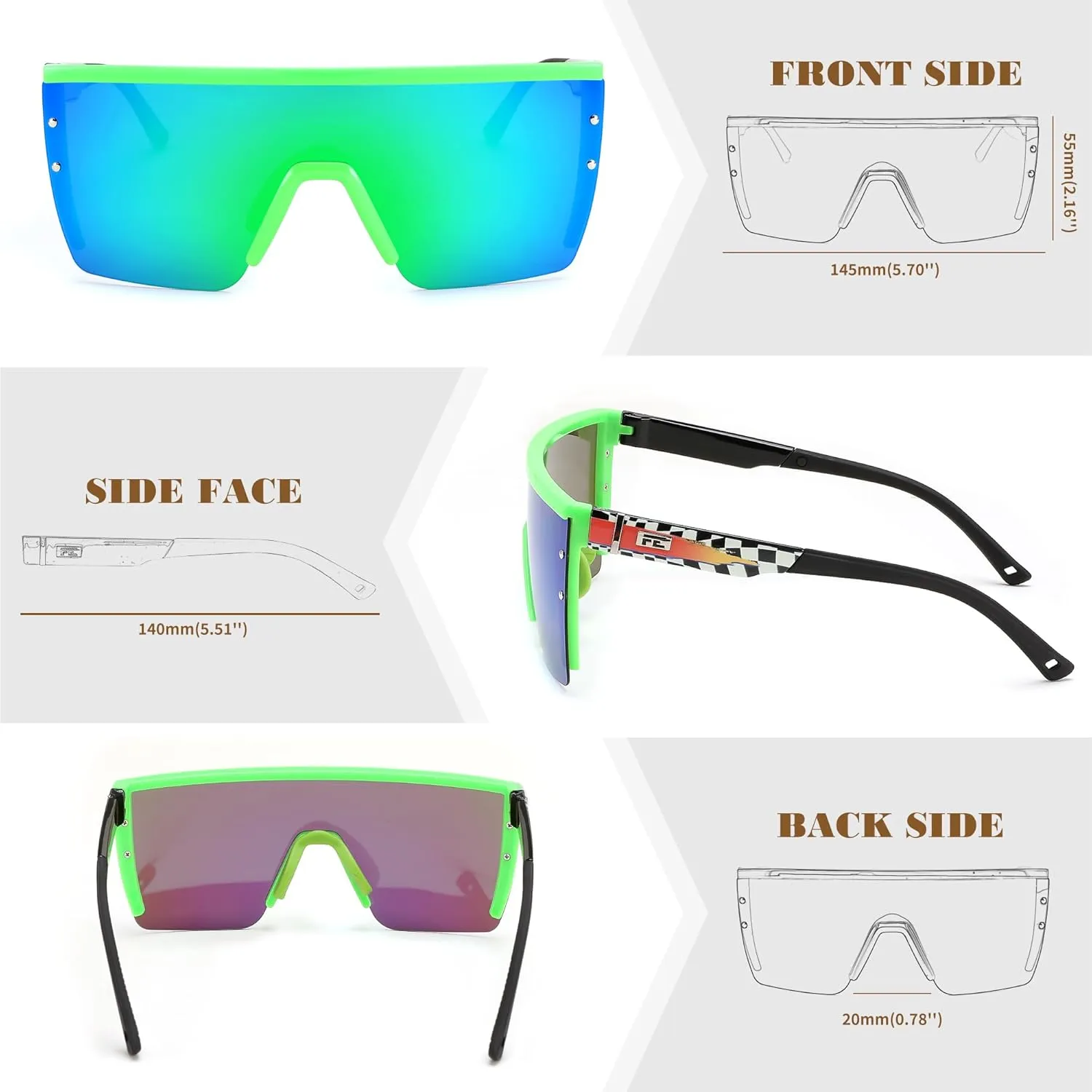 FEISEDY Sunglasses Mens Polarized Women Oversized Flat Top Square Cycling Fishing Golf Hiking Vintage Sun Glasses B2367