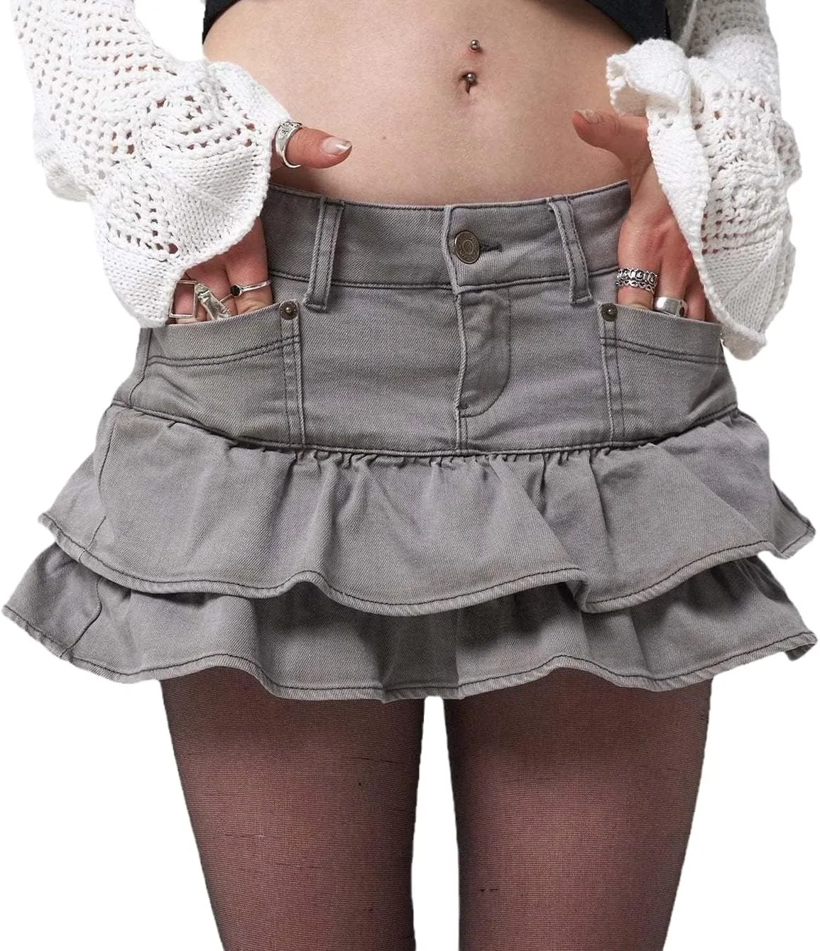 FIVETOSEVEN Gothic Gray Ruffle Denim Skirt Mini Retro Harajuku Layered Pleated Cake Skirt Low Waist Women Jeans Bottoms