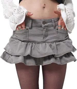 FIVETOSEVEN Gothic Gray Ruffle Denim Skirt Mini Retro Harajuku Layered Pleated Cake Skirt Low Waist Women Jeans Bottoms