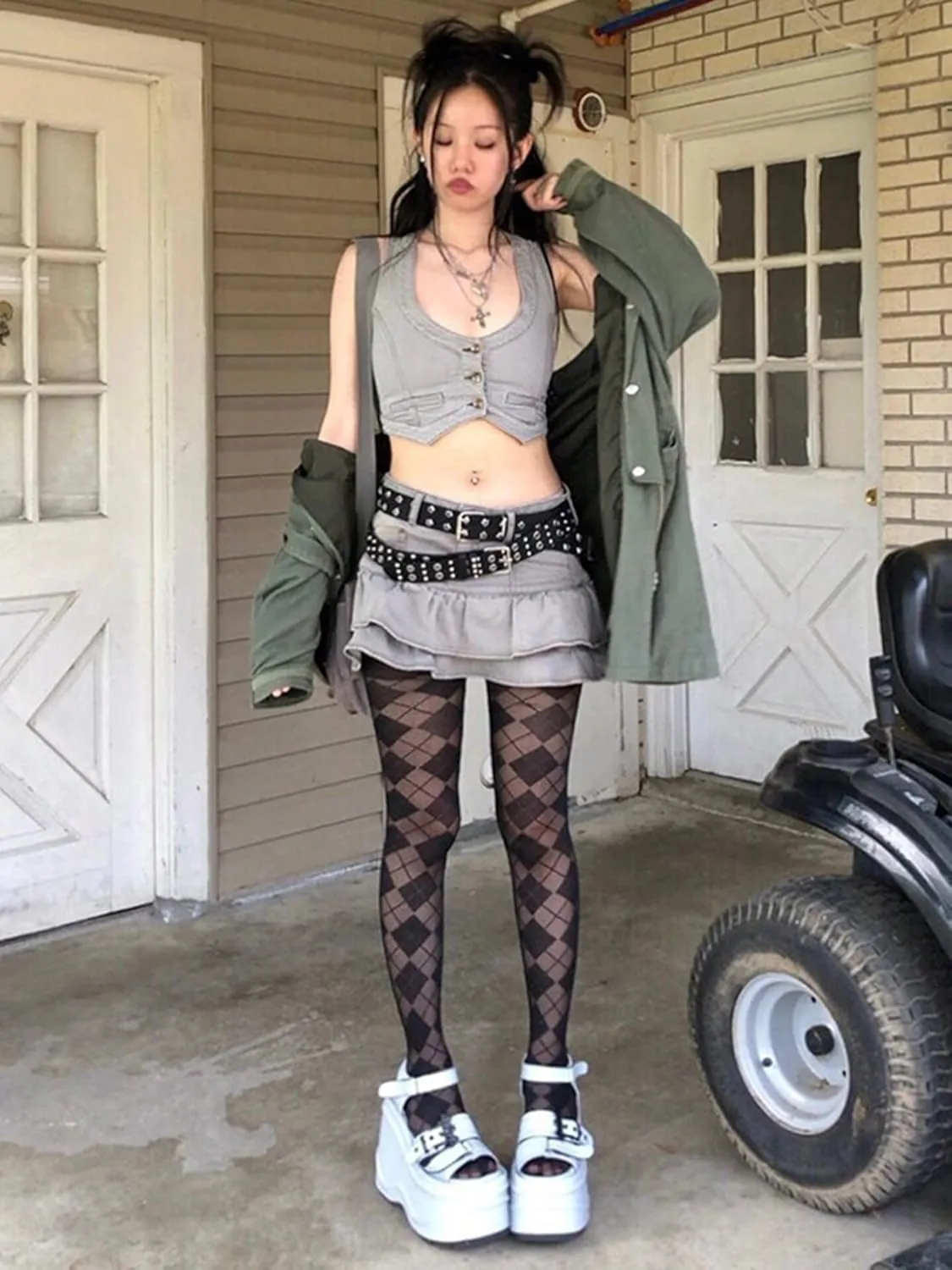 FIVETOSEVEN Gothic Gray Ruffle Denim Skirt Mini Retro Harajuku Layered Pleated Cake Skirt Low Waist Women Jeans Bottoms