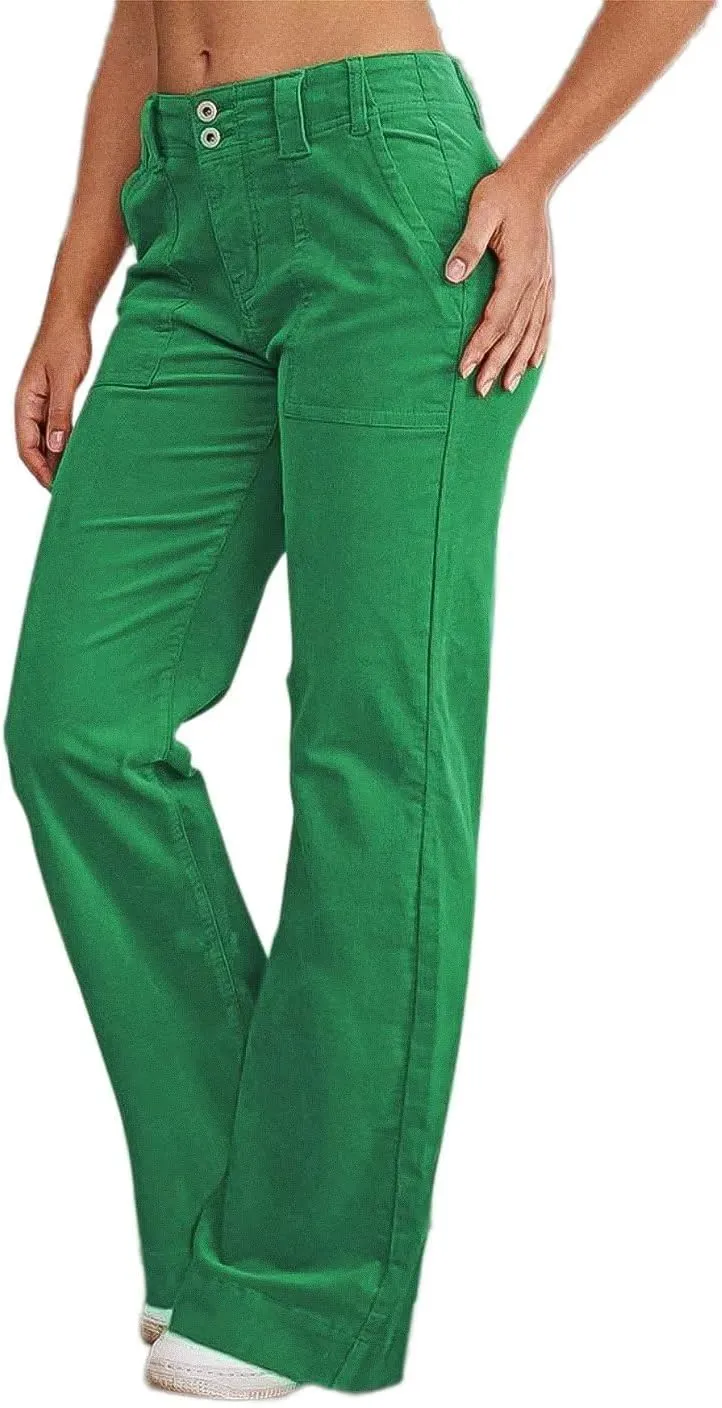 Flamingals Women's Wide Leg Pants for Women Mid Waist Dress Flare Straight Leg Corduroy Pants Workout Jeans Trendy