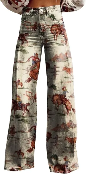 Flare Jeans for Women Wide Leg Baggy Pants Vintage Floral Print High Waisted Straight Stretch Pants with Pockets
