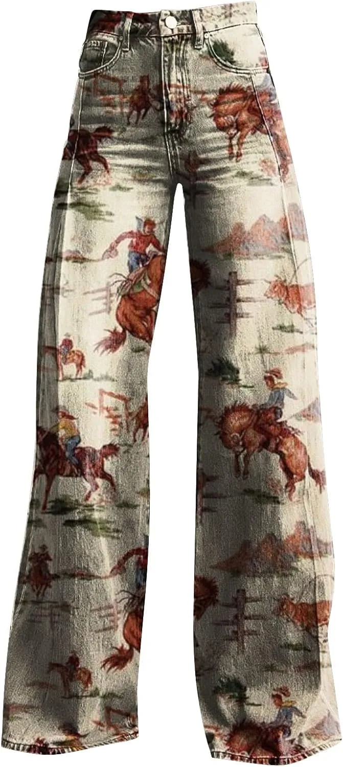 Flare Jeans for Women Wide Leg Baggy Pants Vintage Floral Print High Waisted Straight Stretch Pants with Pockets