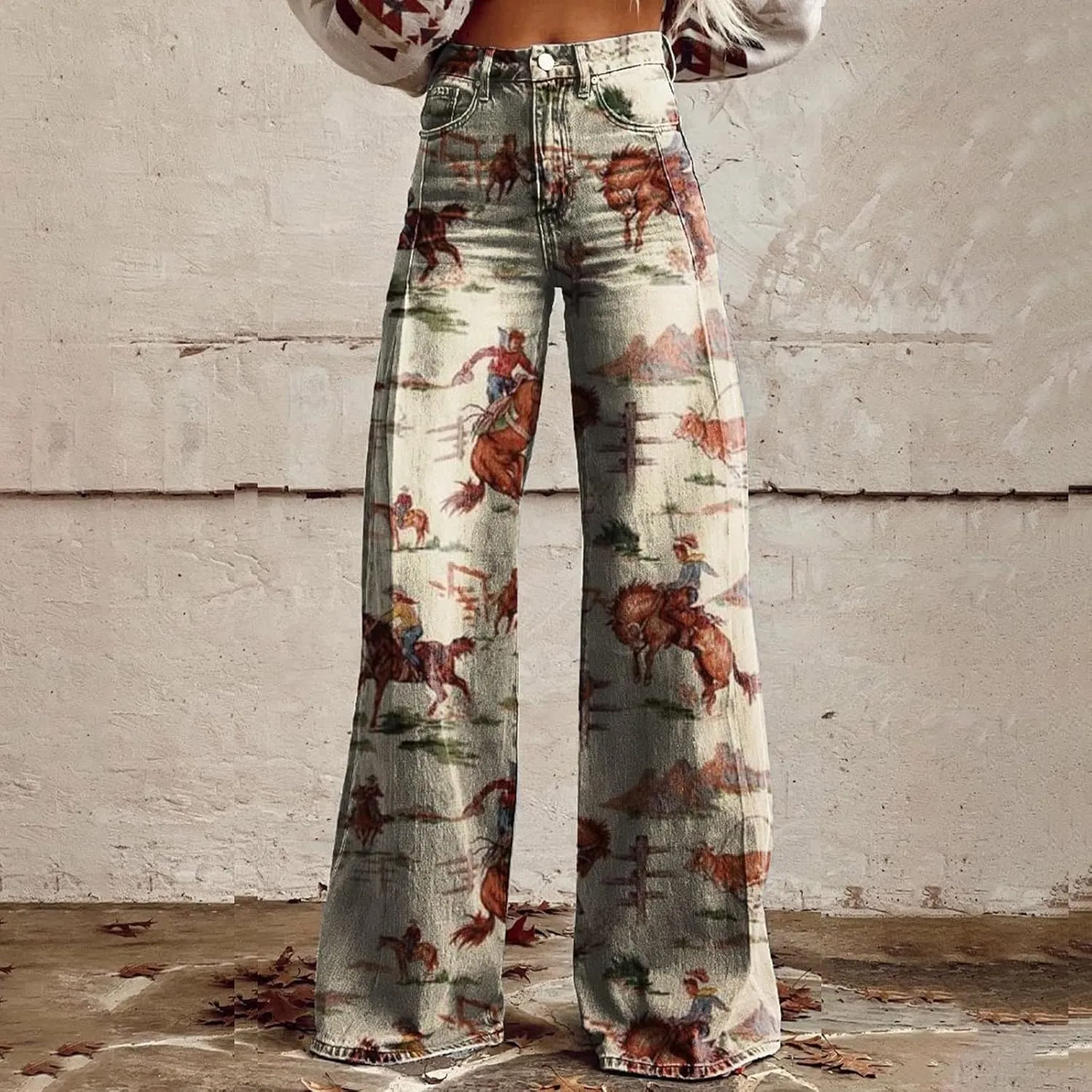 Flare Jeans for Women Wide Leg Baggy Pants Vintage Floral Print High Waisted Straight Stretch Pants with Pockets