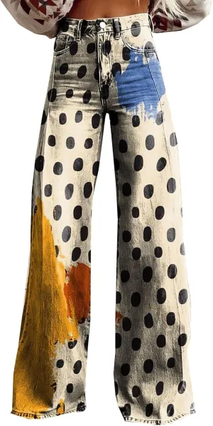Flare Jeans for Women Wide Leg Jeans 2025 Woman Vintage Floral Print High Waisted Straight Stretch Pants with Pocket