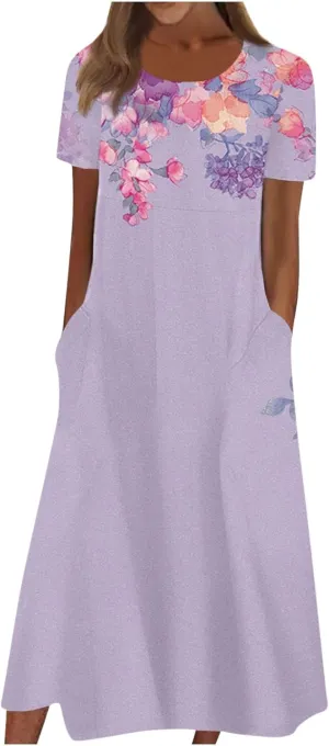 FlekmanArt Dresses for Women 2024 Pleated Round Neck Beach Dress Short Sleeve Pocket Maxi Dress Printed Elegant Dress