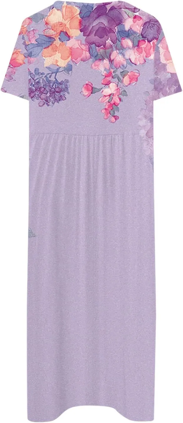 FlekmanArt Dresses for Women 2024 Pleated Round Neck Beach Dress Short Sleeve Pocket Maxi Dress Printed Elegant Dress