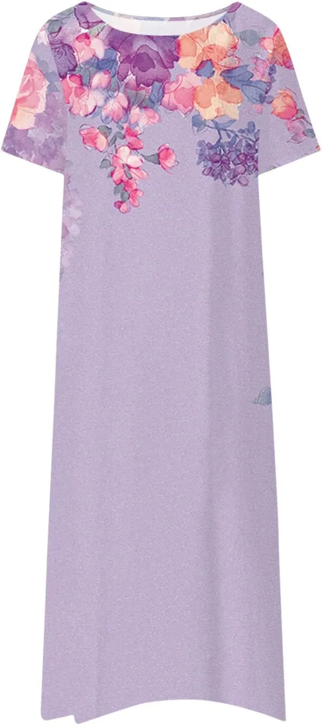 FlekmanArt Dresses for Women 2024 Pleated Round Neck Beach Dress Short Sleeve Pocket Maxi Dress Printed Elegant Dress