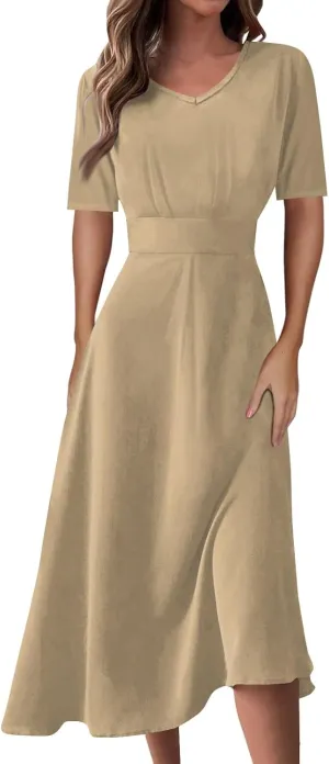 FlekmanArt Maxi Dress for Women Short Sleeve Waist V Neck Maxi Dresses Print Beach Dress A-Line Dressy Swing Dress
