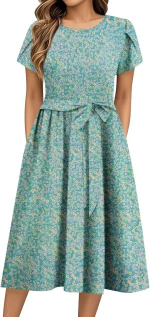Floral Dresses for Women Crewneck Short Sleeve A Line Casual Summer Dresses Chiffon Tie Waist Pleated Midi Dress
