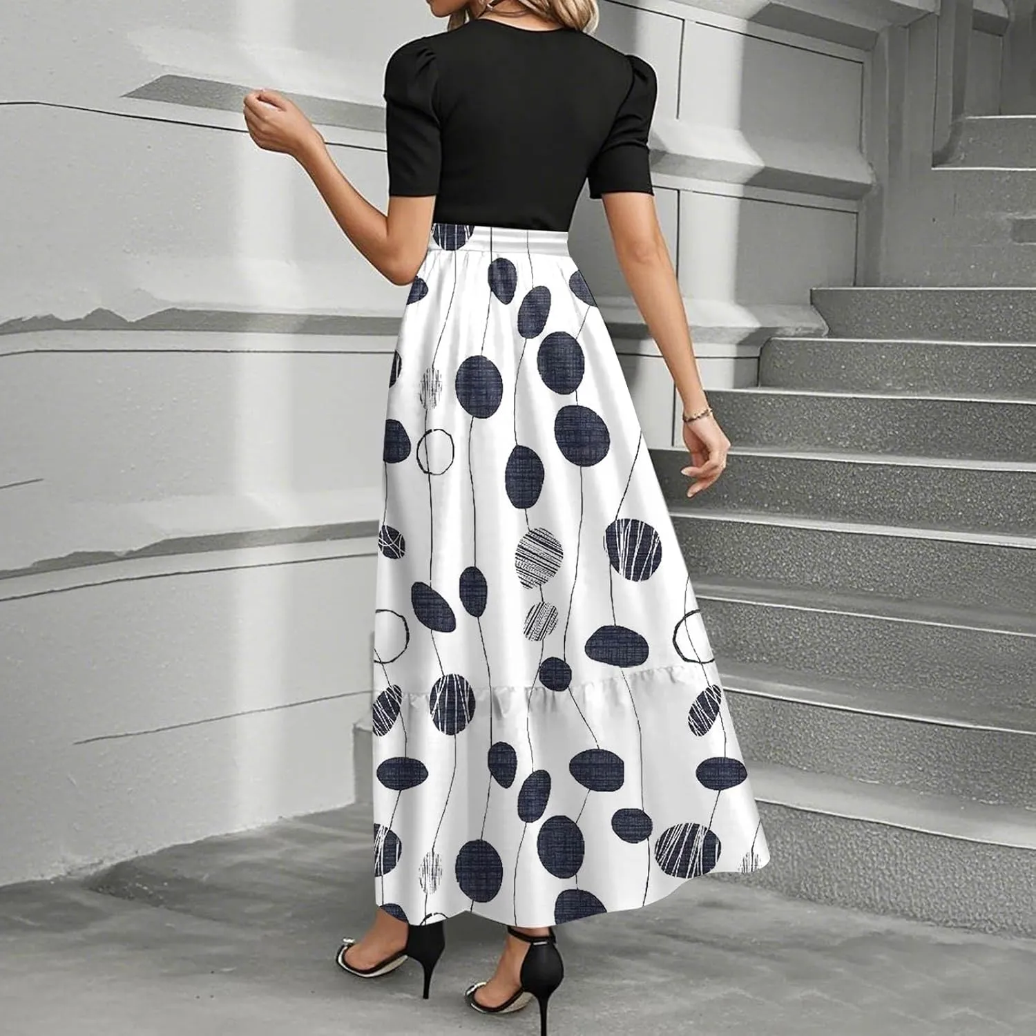 Floral Maxi Dress Spring Womens Long Dresses Short Sleeve Crew Neck Empire Waist Dress Elegant Tie Belted Dresses