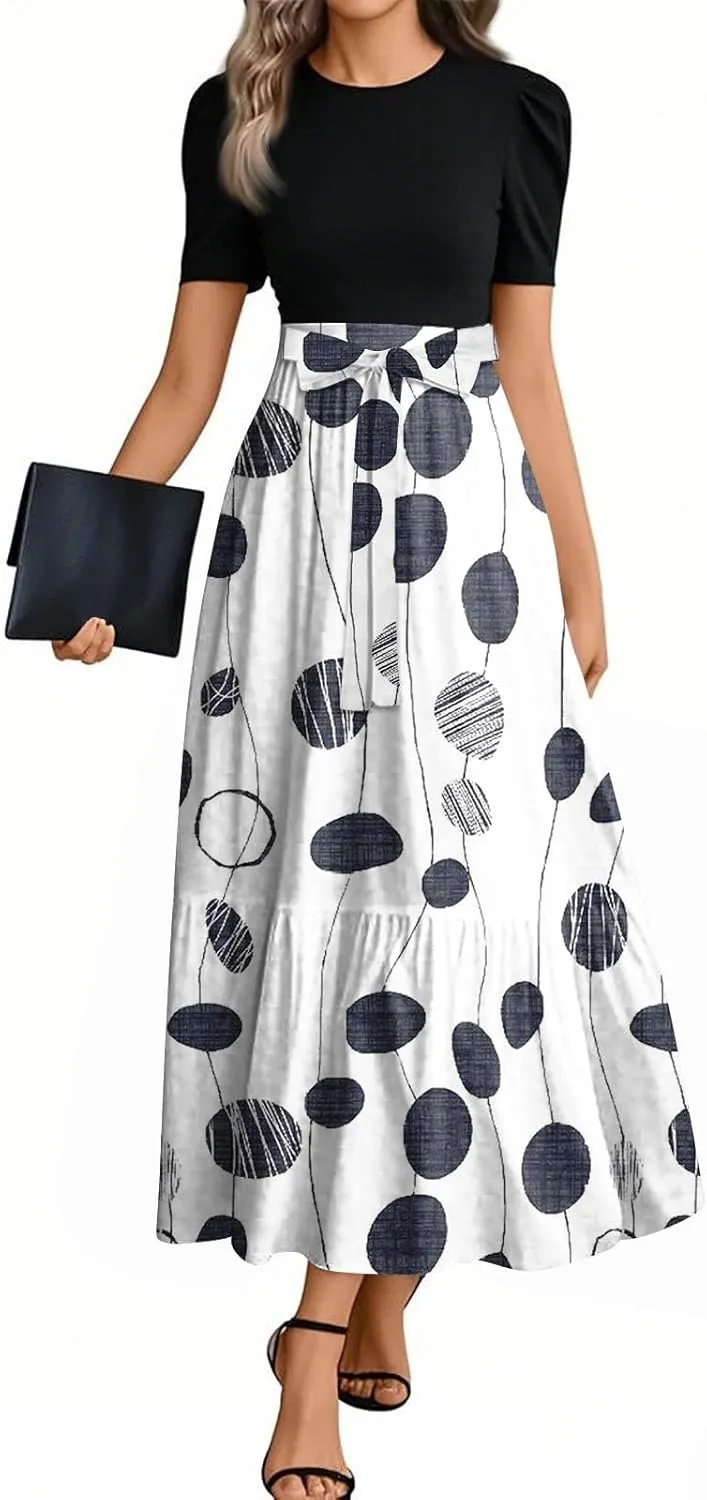 Floral Maxi Dress Spring Womens Long Dresses Short Sleeve Crew Neck Empire Waist Dress Elegant Tie Belted Dresses