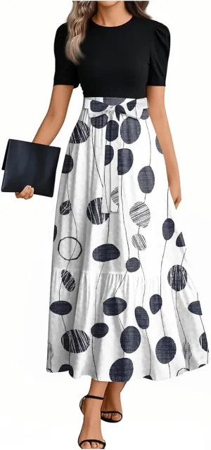 Floral Maxi Dress Spring Womens Long Dresses Short Sleeve Crew Neck Empire Waist Dress Elegant Tie Belted Dresses