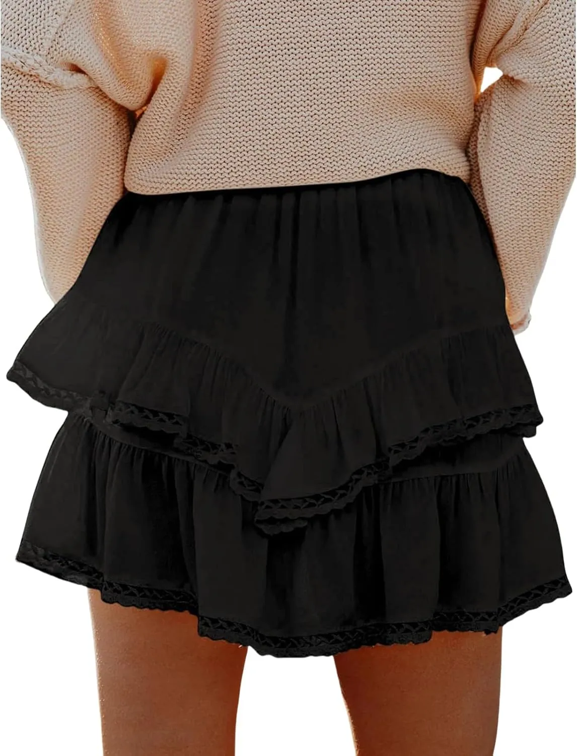 Flowy Skirts for Women Ruffle Tiered Skorts Mini Skirts Elastic High Waist Pleated Skirt Golf Tennis Crochet Shorts