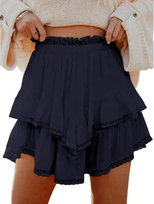 Flowy Skirts for Women Ruffle Tiered Skorts Mini Skirts Elastic High Waist Pleated Skirt Golf Tennis Crochet Shorts