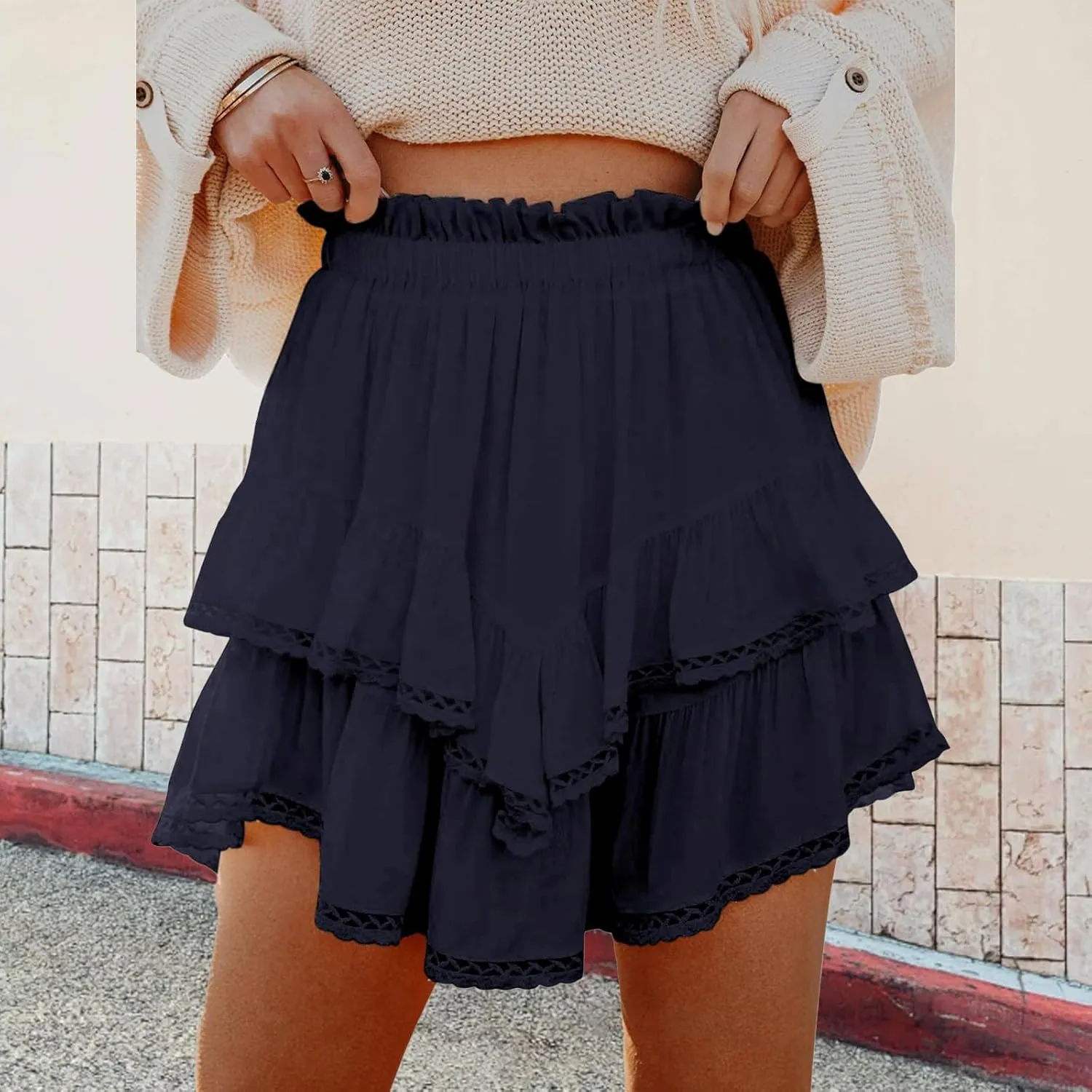 Flowy Skirts for Women Ruffle Tiered Skorts Mini Skirts Elastic High Waist Pleated Skirt Golf Tennis Crochet Shorts