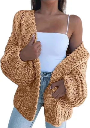 FMCHICO Women's Long Sleeve Cable Knit Cardigan Sweaters Open Front Outwear Coat
