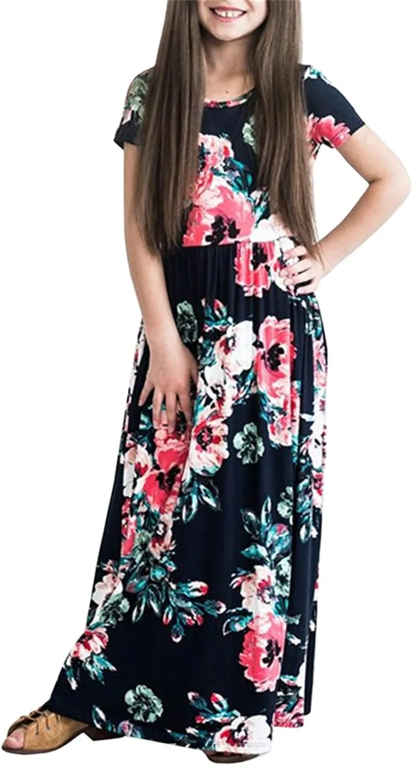 Girls Maxi Long Dresses Kids Boho Summer Flowy Ruffle Sleeve Tiered Short Sleeve A-line Dress 6 to 12Y
