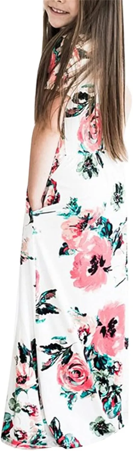 Girls Maxi Long Dresses Kids Boho Summer Flowy Ruffle Sleeve Tiered Short Sleeve A-line Dress 6 to 12Y