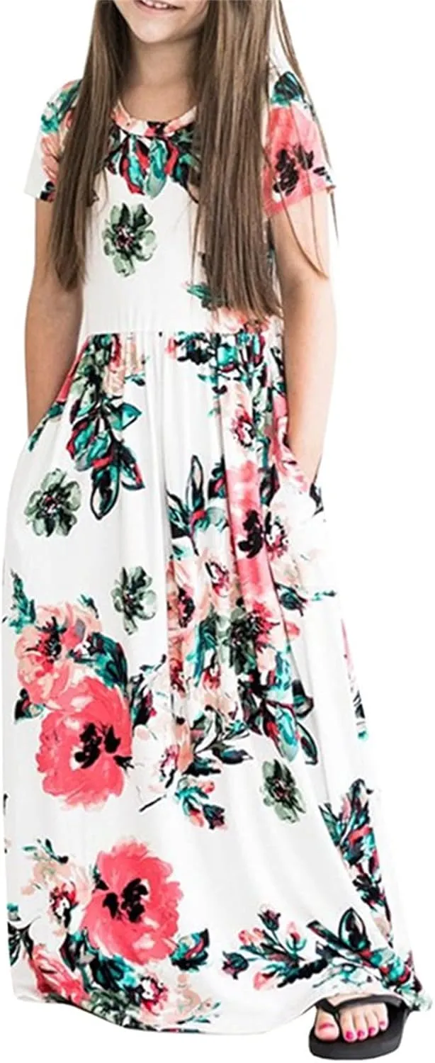 Girls Maxi Long Dresses Kids Boho Summer Flowy Ruffle Sleeve Tiered Short Sleeve A-line Dress 6 to 12Y