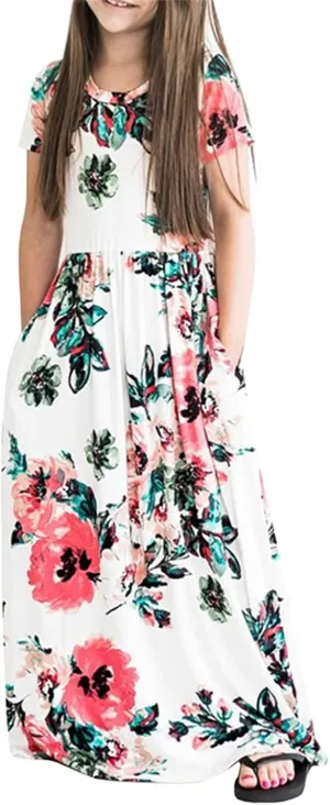 Girls Maxi Long Dresses Kids Boho Summer Flowy Ruffle Sleeve Tiered Short Sleeve A-line Dress 6 to 12Y