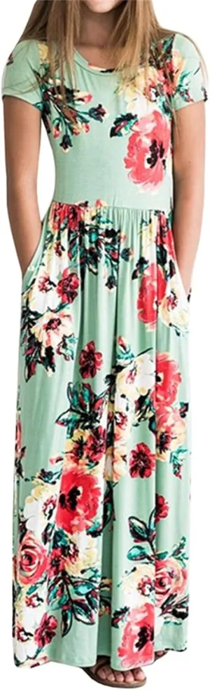 Girls Maxi Long Dresses Kids Boho Summer Flowy Ruffle Sleeve Tiered Short Sleeve A-line Dress 6 to 12Y