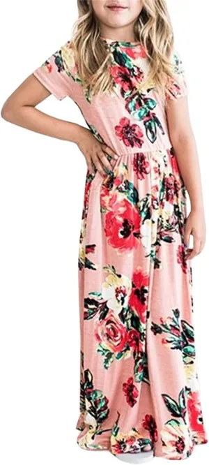 Girls Maxi Long Dresses Kids Boho Summer Flowy Ruffle Sleeve Tiered Short Sleeve A-line Dress 6 to 12Y