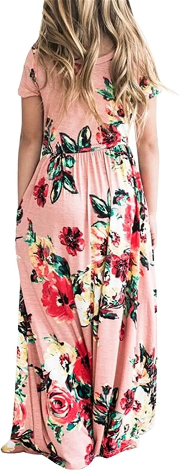 Girls Maxi Long Dresses Kids Boho Summer Flowy Ruffle Sleeve Tiered Short Sleeve A-line Dress 6 to 12Y