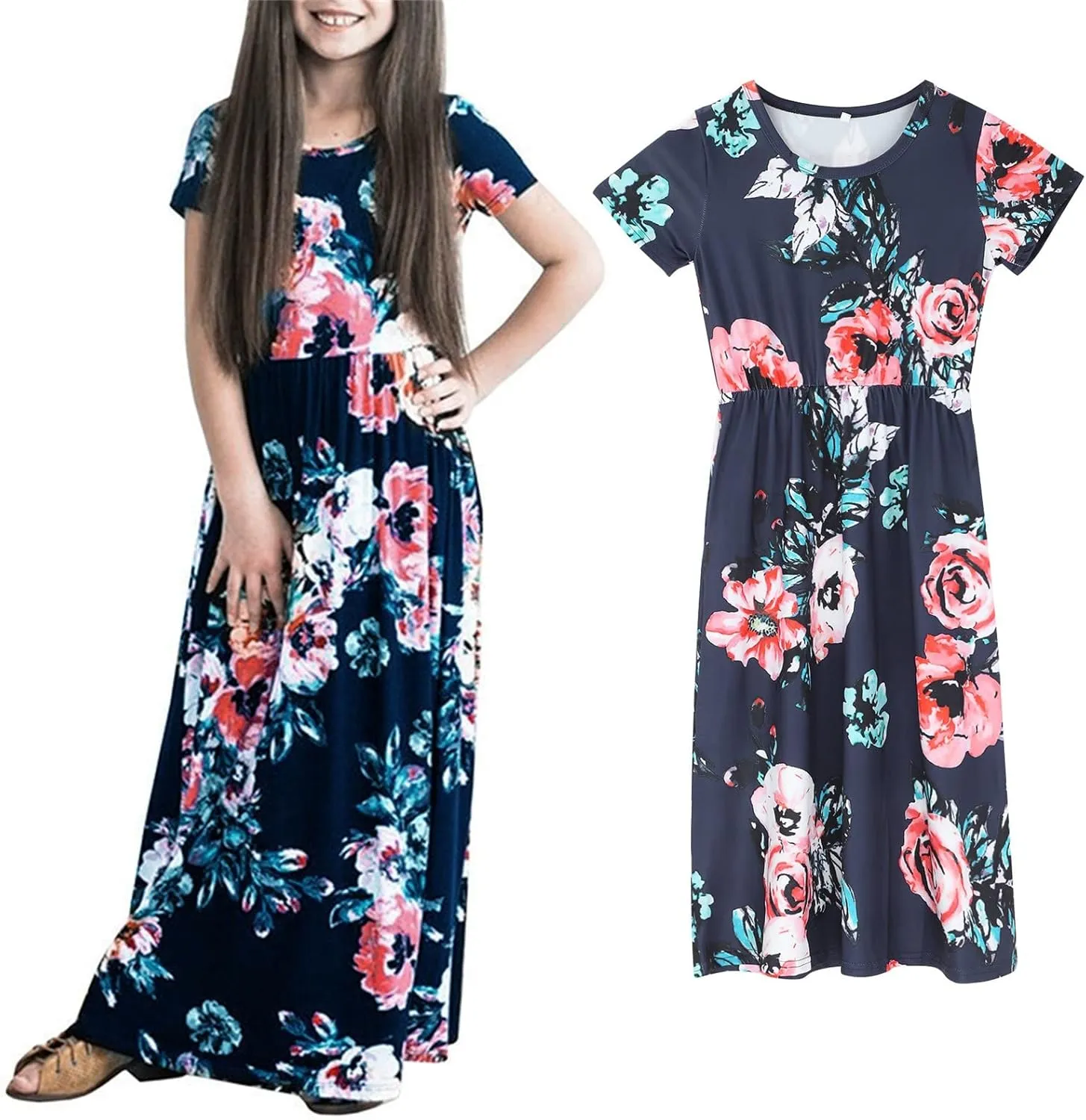 Girls Maxi Long Dresses Kids Boho Summer Flowy Ruffle Sleeve Tiered Short Sleeve A-line Dress 6 to 12Y