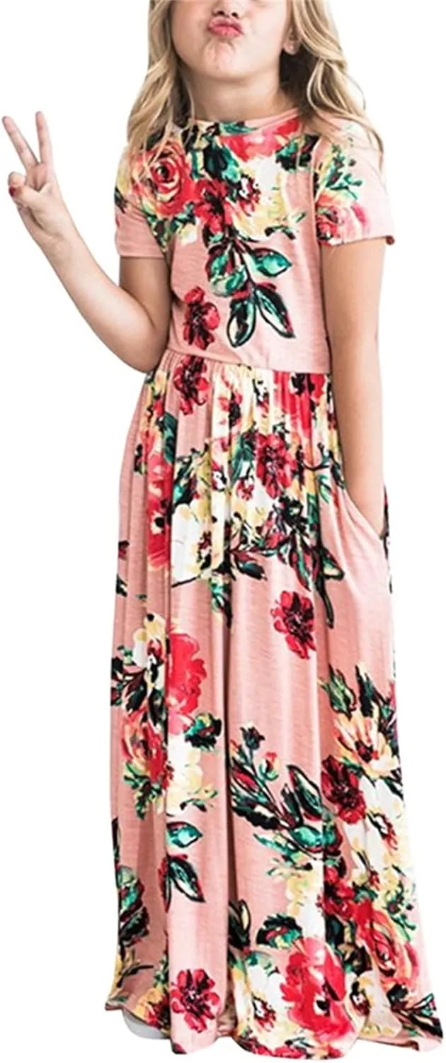 Girls Maxi Long Dresses Kids Boho Summer Flowy Ruffle Sleeve Tiered Short Sleeve A-line Dress 6 to 12Y