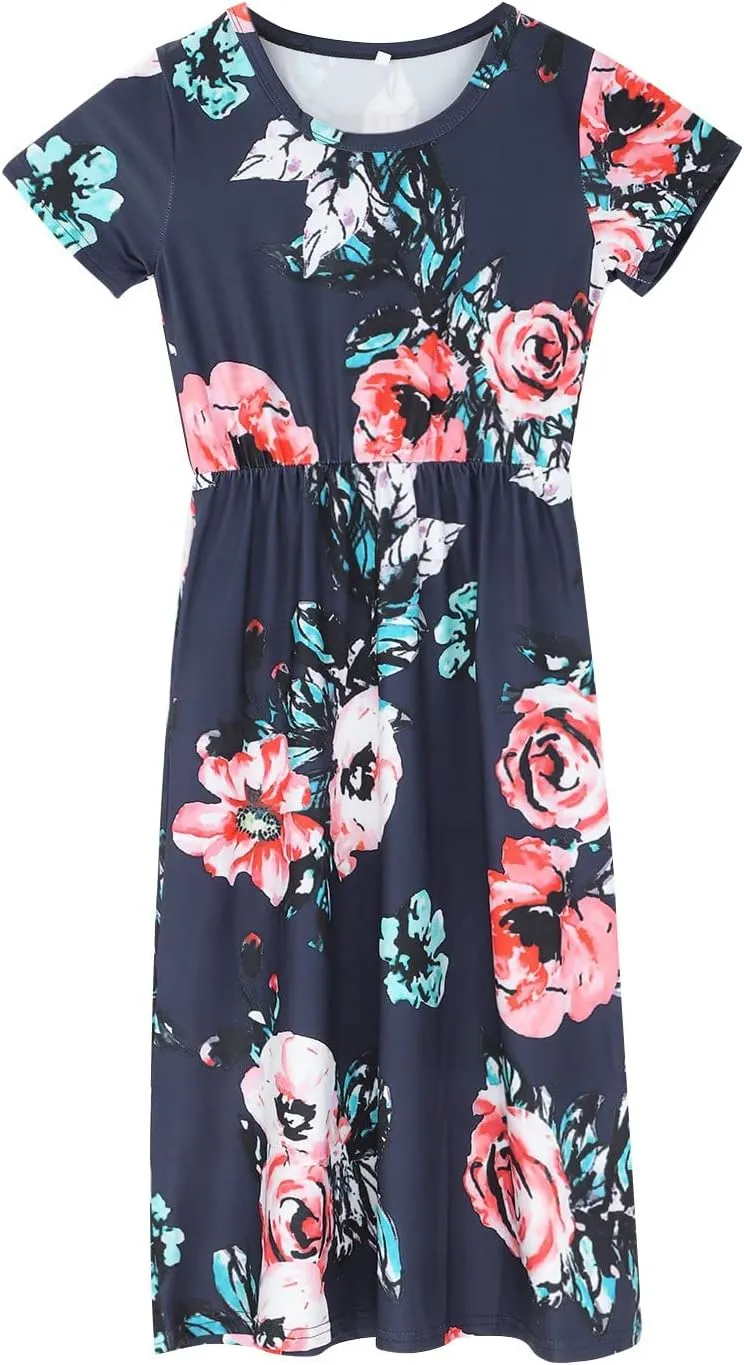 Girls Maxi Long Dresses Kids Boho Summer Flowy Ruffle Sleeve Tiered Short Sleeve A-line Dress 6 to 12Y
