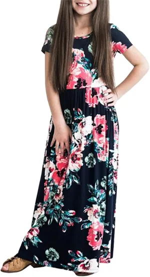 Girls Maxi Long Dresses Kids Boho Summer Flowy Ruffle Sleeve Tiered Short Sleeve A-line Dress 6 to 12Y