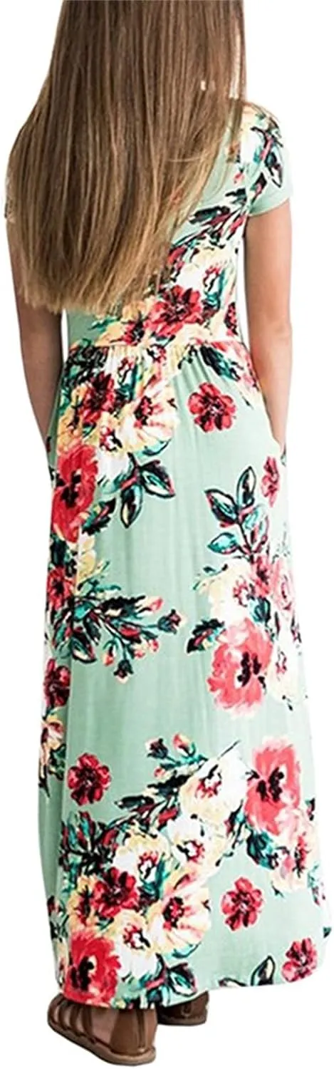Girls Maxi Long Dresses Kids Boho Summer Flowy Ruffle Sleeve Tiered Short Sleeve A-line Dress 6 to 12Y