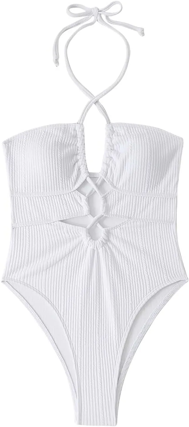 Halter Swimsuits for Women Sexy One Piece Bathing Suits Cut Out Backless Strappy Slimming Push Up Swimwear