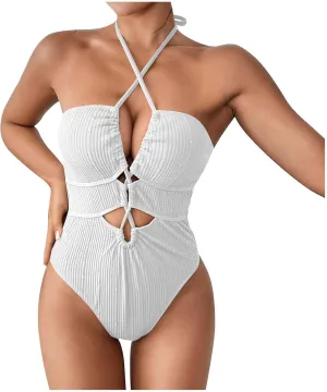 Halter Swimsuits for Women Sexy One Piece Bathing Suits Cut Out Backless Strappy Slimming Push Up Swimwear