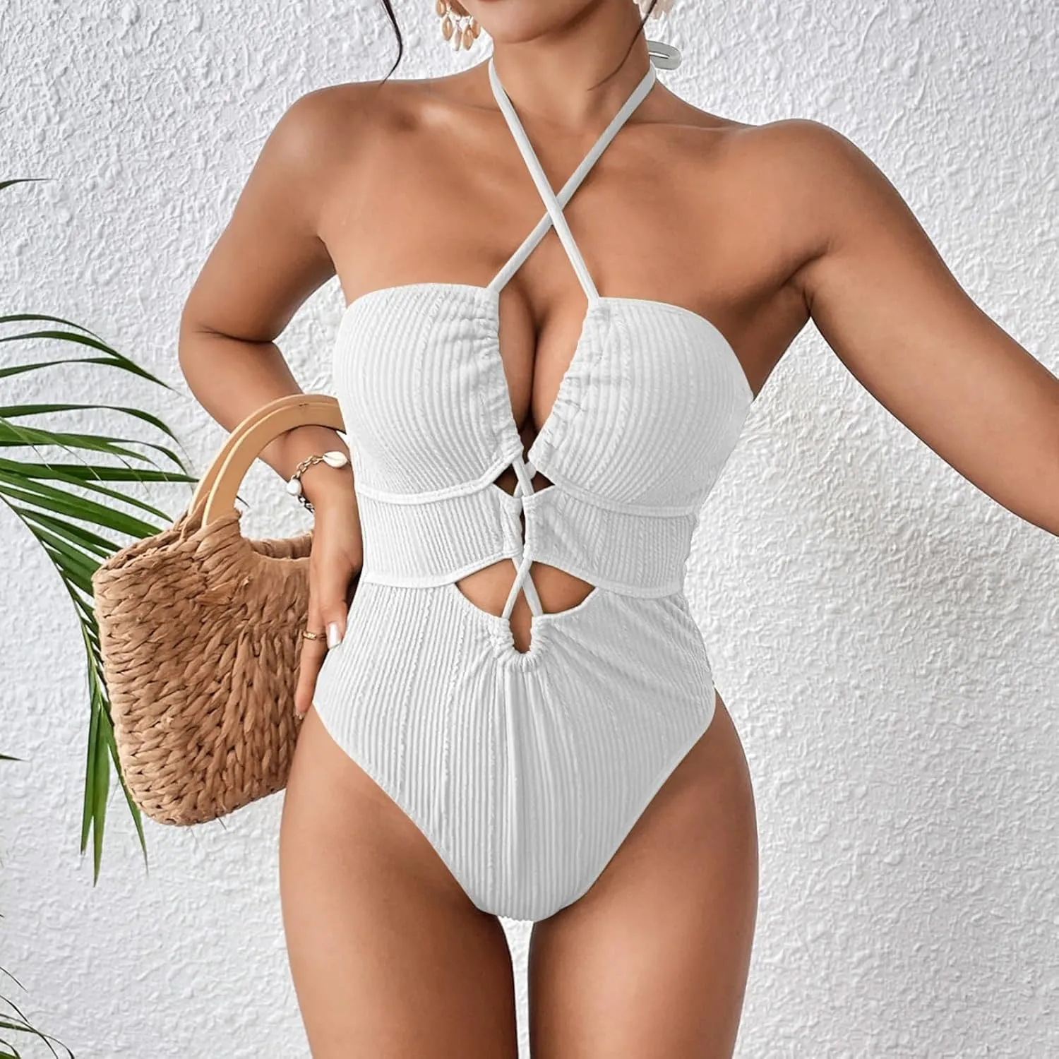 Halter Swimsuits for Women Sexy One Piece Bathing Suits Cut Out Backless Strappy Slimming Push Up Swimwear