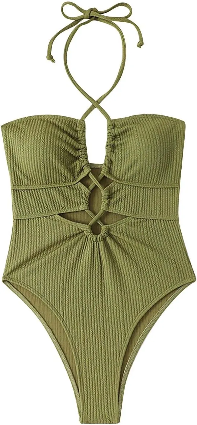 Halter Swimsuits for Women Sexy One Piece Bathing Suits Cut Out Backless Strappy Slimming Push Up Swimwear