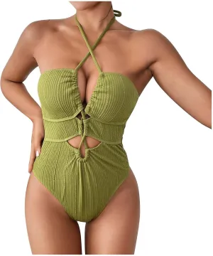 Halter Swimsuits for Women Sexy One Piece Bathing Suits Cut Out Backless Strappy Slimming Push Up Swimwear