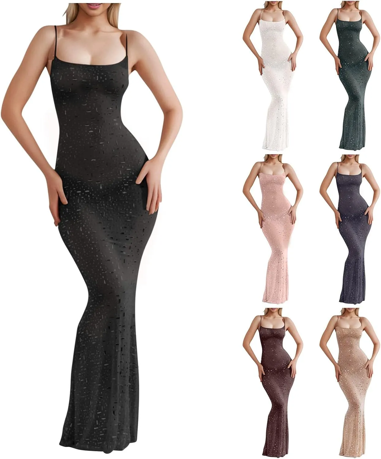 HGps8w Women's Sheer Hot Drilling Process Bodycon Maxi Dress Spaghetti Strap See Through Rhinestone Sexy Party Club Dresses