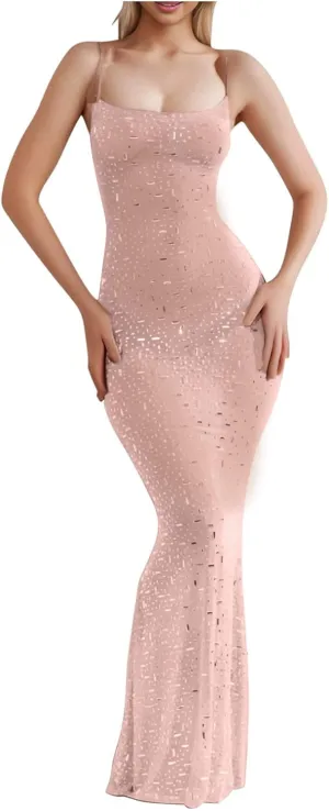 HGps8w Women's Sheer Hot Drilling Process Bodycon Maxi Dress Spaghetti Strap See Through Rhinestone Sexy Party Club Dresses