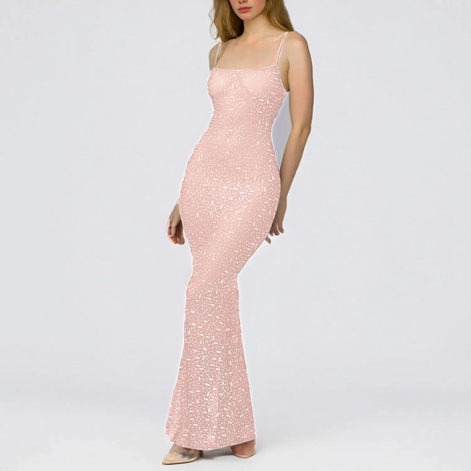 HGps8w Women's Sheer Hot Drilling Process Bodycon Maxi Dress Spaghetti Strap See Through Rhinestone Sexy Party Club Dresses