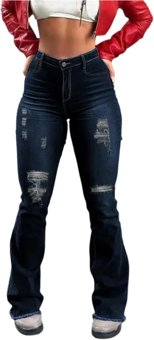 High Waisted Flare Jeans for Women Stretchy Curvy Bell Bottom Jeans Raw Hem Distressed Denim Pants with Pockets