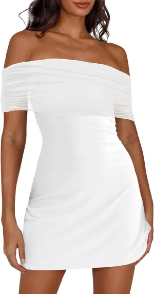 HYPERFIRE Women's Off Shoulder Mesh Mini Dress Short Sleeve Ruched Dresses Cocktail Going Out