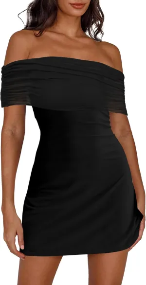 HYPERFIRE Women's Off Shoulder Mesh Mini Dress Short Sleeve Ruched Dresses Cocktail Going Out