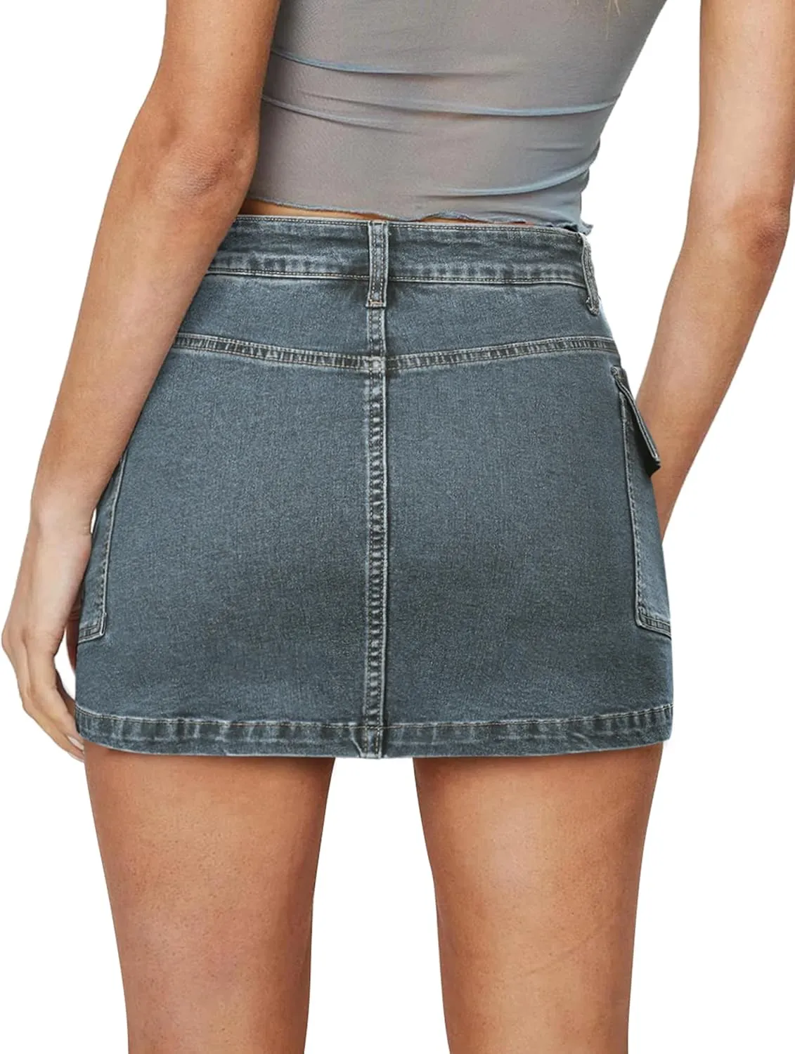 Jean Skirts for Women Denim Skirt Stretchy Jean Skort High Wasited Cargo Mini Denim Skirt with Flap Pockets
